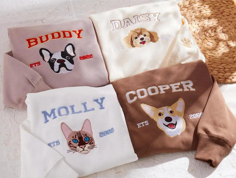 Pet Varsity Style Embroidered Sweatshirt, Custom Embroidered Dog Name Sweatshirt Hoodie T-shirt- Varsity Colorful Design