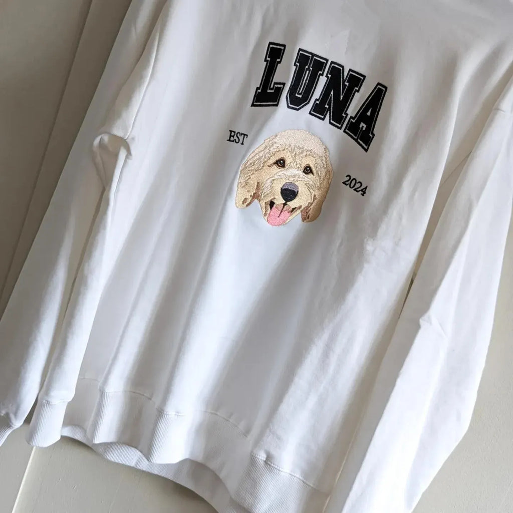 Custom Embroidery Dog Cat Pet Portrait T-shirt Sweatshirt Hoodie with Name and Year