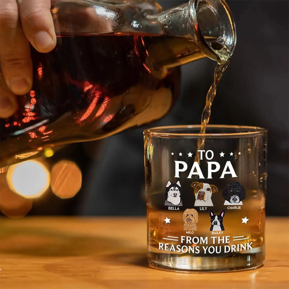Personalized Papa Whiskey Glass with Pet Portraits for Dog Dad, Reasons You Drink Glass