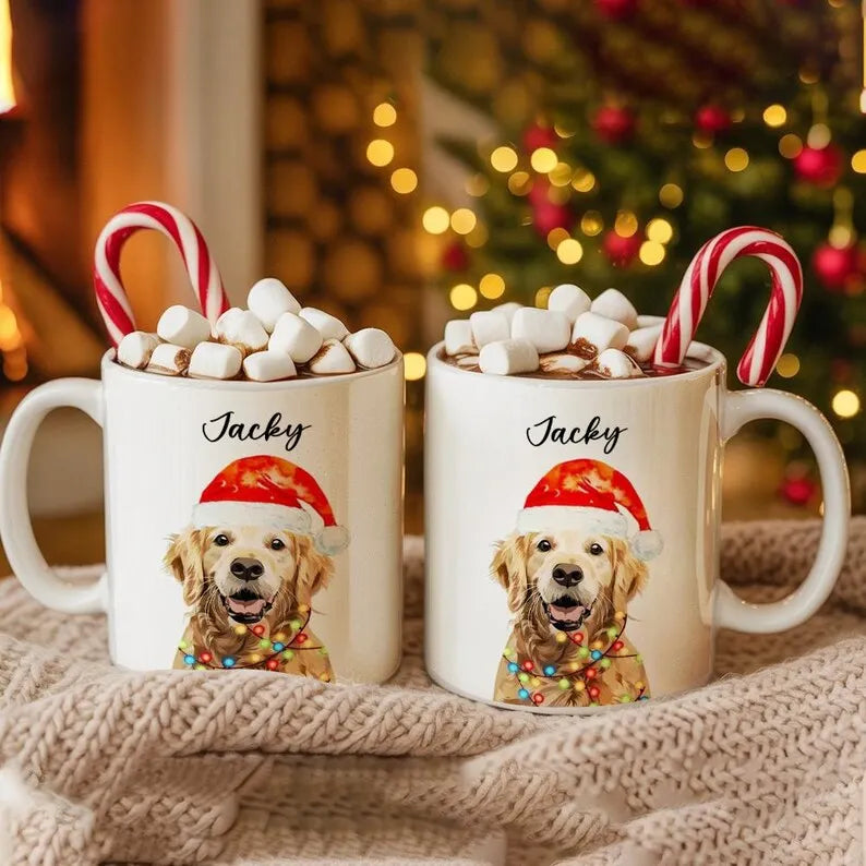 Custom Dog Photo & Name Christmas Mug, Personalized Pet Picture Ceramic Coffee Cup