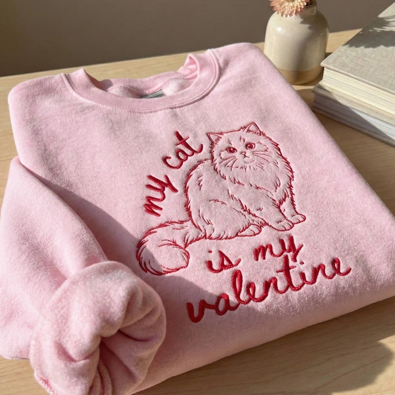 My Cat is my Valentine Custom Pet Portrait Embroidered Sweatshirt, Valentine's Day Gift- Stylish Outline Style