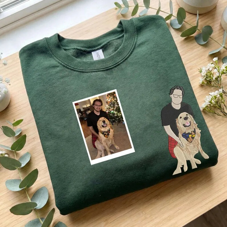 Custom Embroidered Pet and Owner Portrait Sweatshirt, Dog Dad Sweatshirt