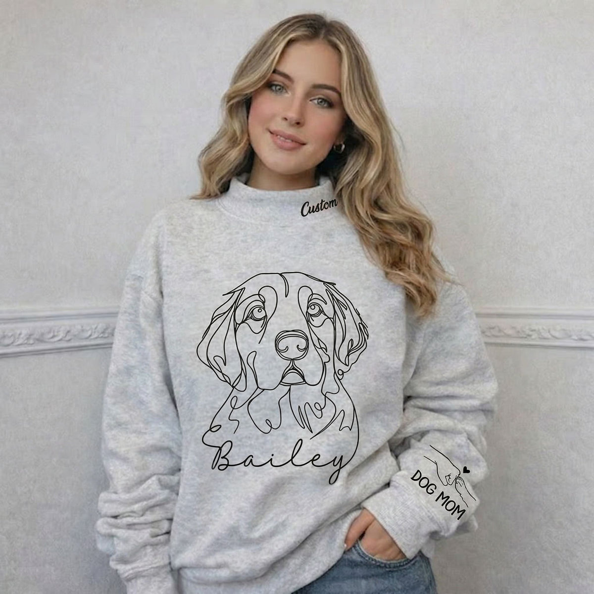 Custom Pet Photo Line Art Printed Mockneck Sweatshirt