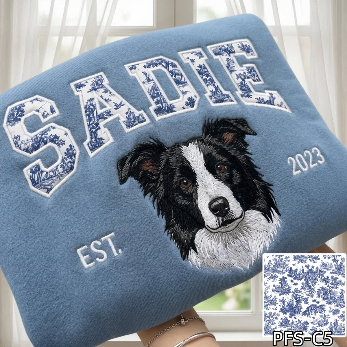 Custom Pet Portrait Embroidered Sweatshirt with Chinoiserie Appliqué Name