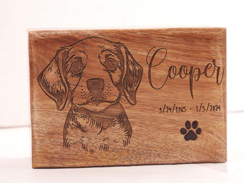 Custom Pet Portrait Engraved Wooden Urn Box for Ashes, Pet Memorial Custom Photo Engraved Urn