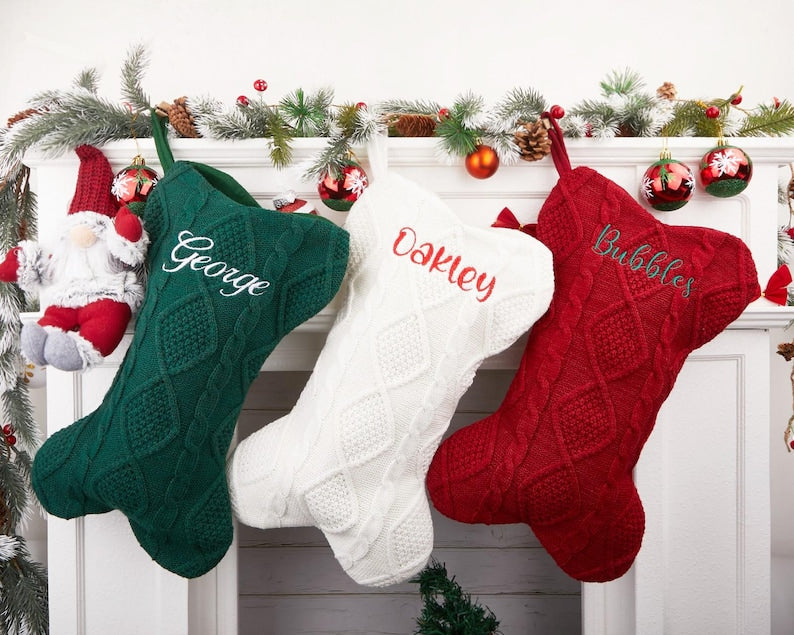 Personalized Dog Bone Christmas Stockings with Embroidered Name
