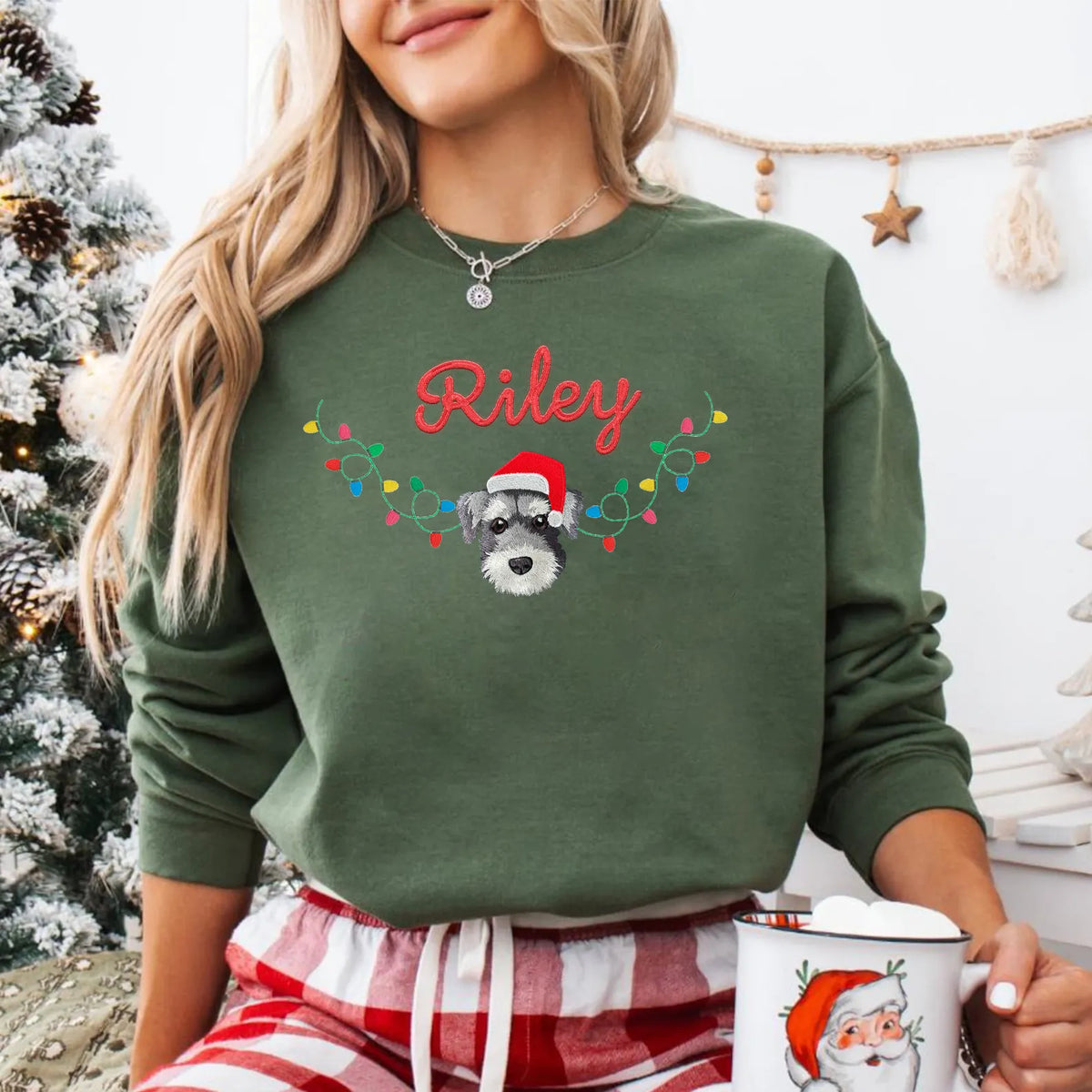PetFiestas® Christmas Lights Custom Pet Face And Name Embroidered Sweatshirt Hoodie T-shirt- Colorful Design