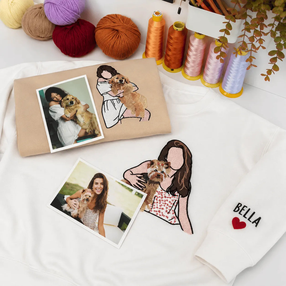 Custom Embroidered Pet and Owner Portrait Sweatshirt, Personalized Dog/Cat Dad Mom Gift