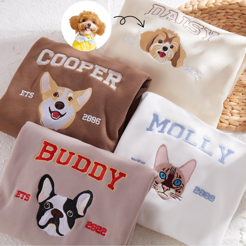 Pet Varsity Style Embroidered Sweatshirt, Custom Embroidered Dog Name Sweatshirt Hoodie T-shirt- Varsity Colorful Design