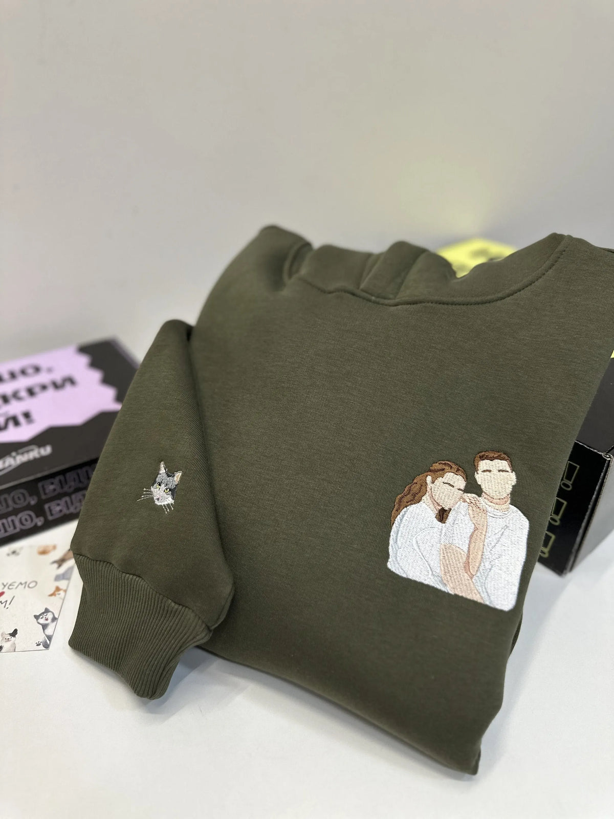 Custom Embroidered Pet On Chest And Sleeve Photo Portrait Hoodie Sweatshirt T-shirt- Colorful Design