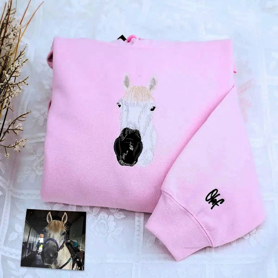 Full Color Pet Portrait Embroidered Sweatshirt – Custom Dog, Cat & Horse Face with Name/Date- Colorful Design