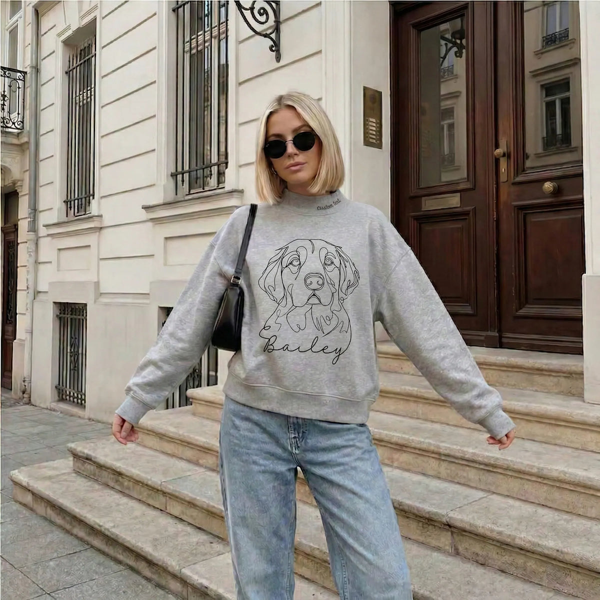 Custom Pet Photo Line Art Printed Mockneck Sweatshirt