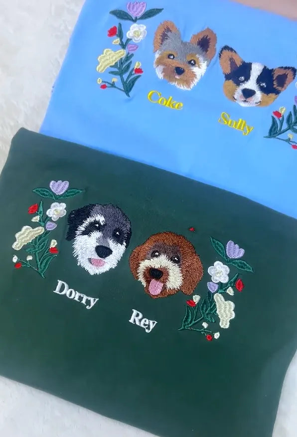 PetFiestas® Custom Premium Handcrafted Pet Photo Embroidery T-shirt Sweatshirt Hoodie with Wreath Design- Colorful Desig