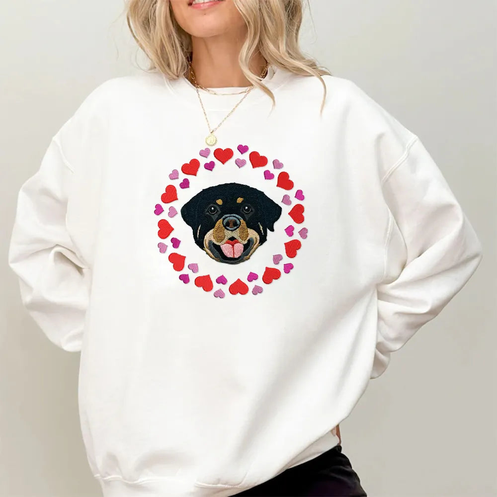 PetFiestas® Custom Pet Portrait Embroidered With Pink Hearts Design Valentines Sweatshirt Hoodie T-shirt- Colorful Desig