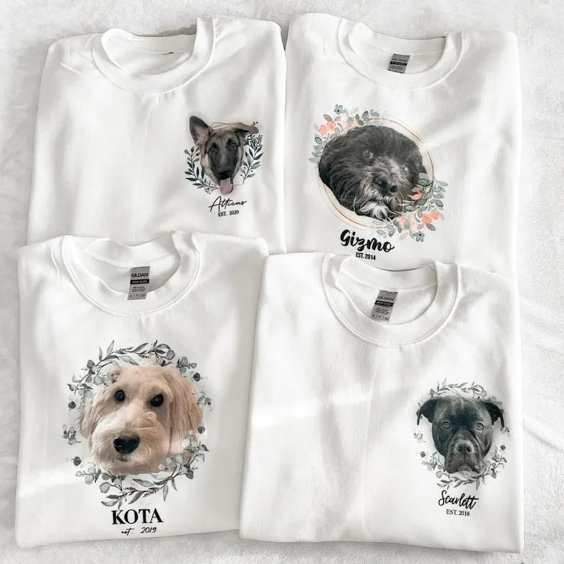 Personalized Pet Face Printed T-shirt Sweatshirt Hoodie Using Photo Name Custom Portrait Floral Wreath