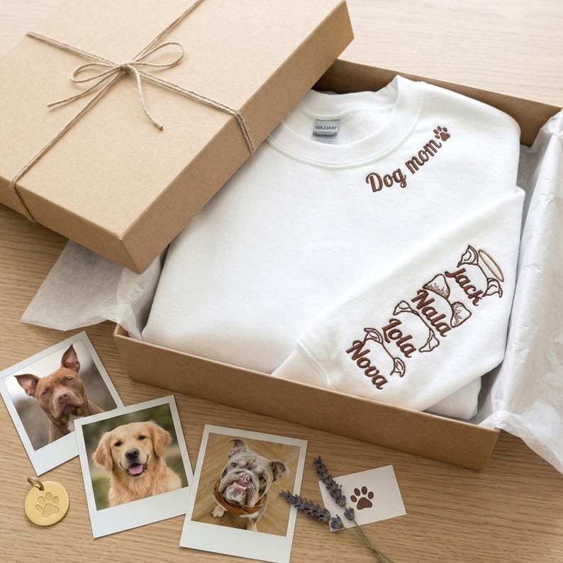 Custom Embroidered Pet Ear Outline Sweatshirt, Dog Mom Sweatshirt with Pet Ears on Sleeve