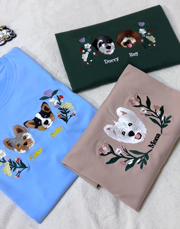 PetFiestas® Custom Premium Handcrafted Pet Photo Embroidery T-shirt Sweatshirt Hoodie with Wreath Design- Colorful Desig