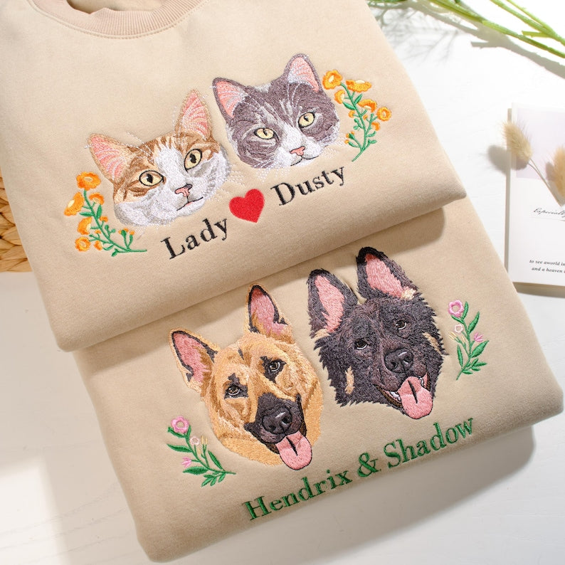 Custom Premium Handcrafted Pet Portrait Embroidered Sweatshirt Hoodie T-shirt- Colorful Design