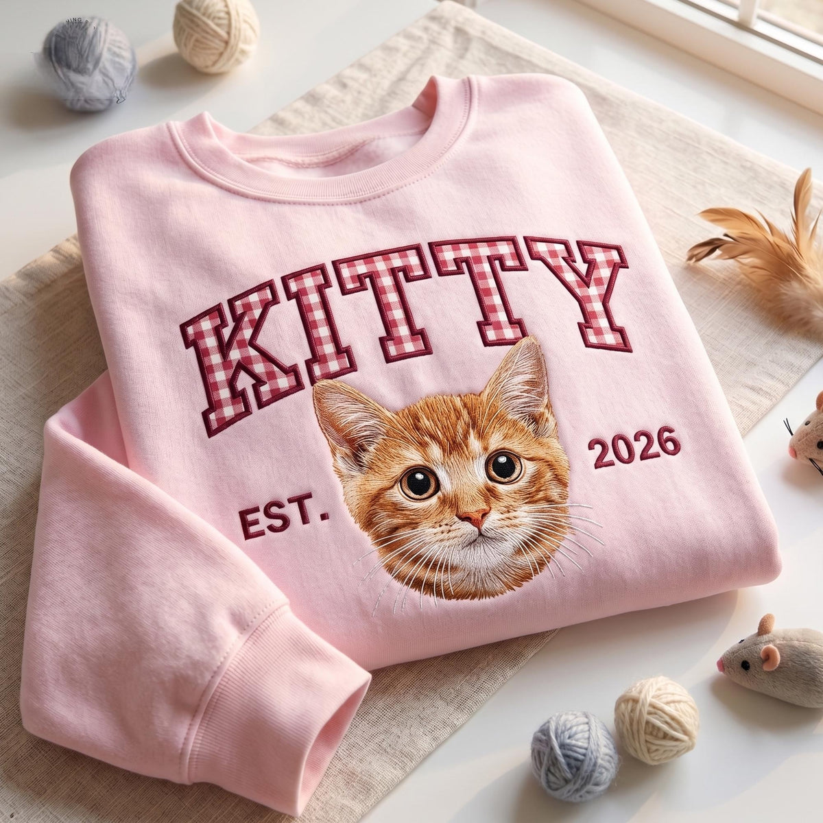 Custom Pet Portrait Embroidered Sweatshirt with Gingham Appliqué Name, Varsity Style