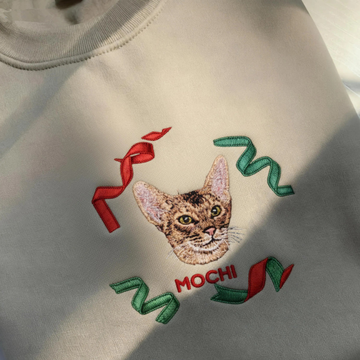 Custom Christmas Pet Portrait Embroidered Sweatshirt with Christmas Ribbons Wreath Design- Colorful Design