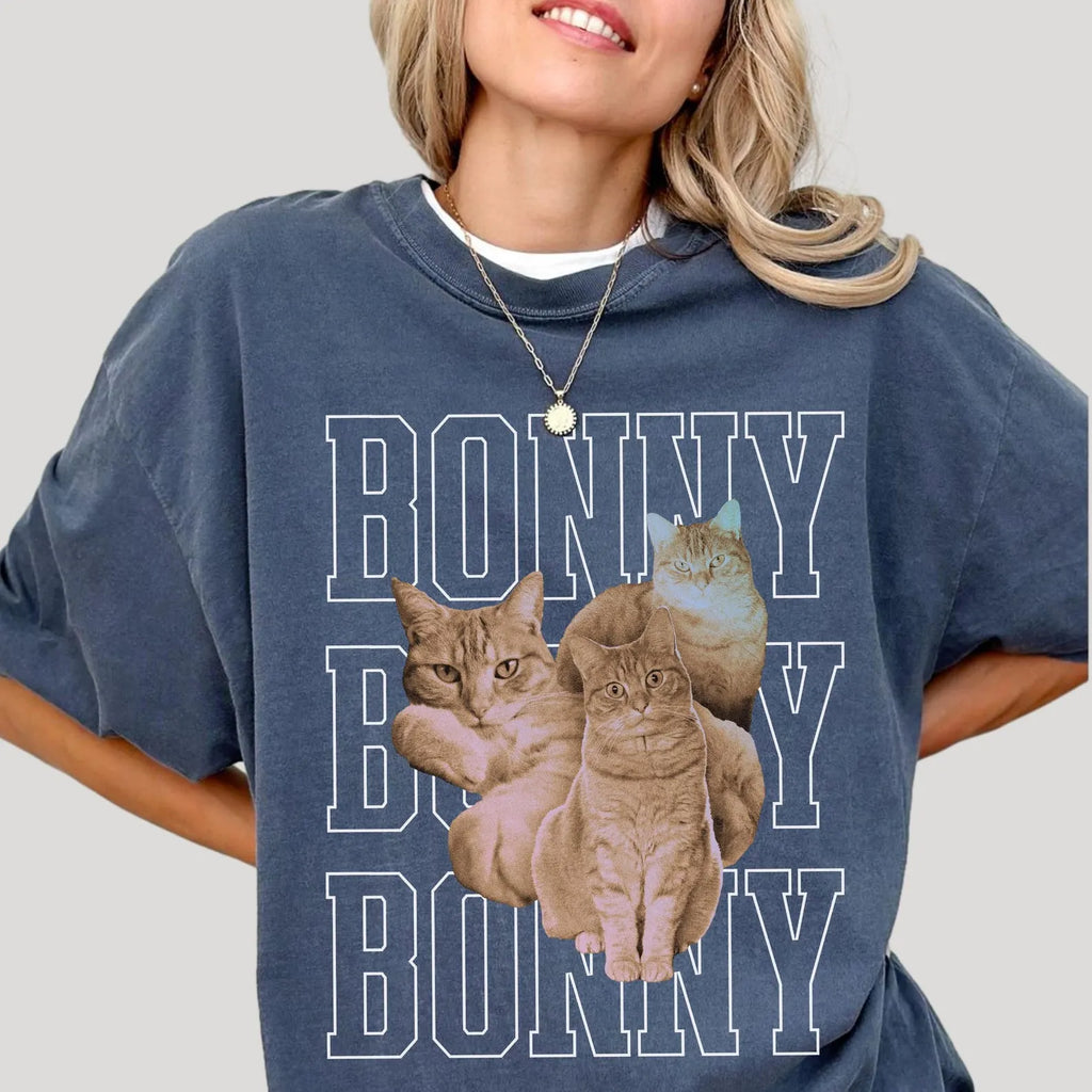 Custom Pet Portrait Shirt - Personalized Dog/Cat Tee with Name - Retro Cat Dad & Dog Mom Gift
