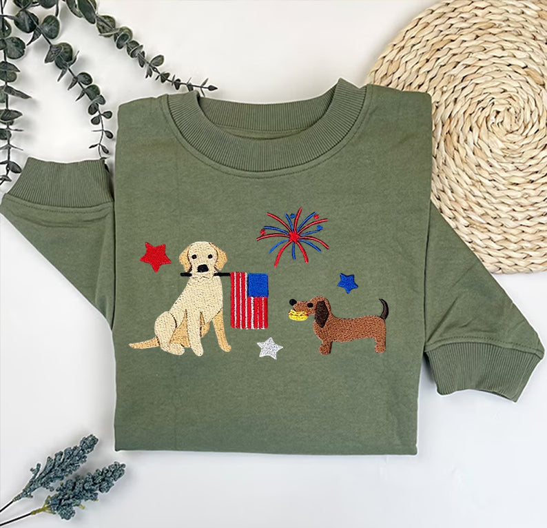 Fourth of July Custom Dog Embroidered T-shirt Sweatshirt, 4th of July Embroidered Shirt- Colorful Design