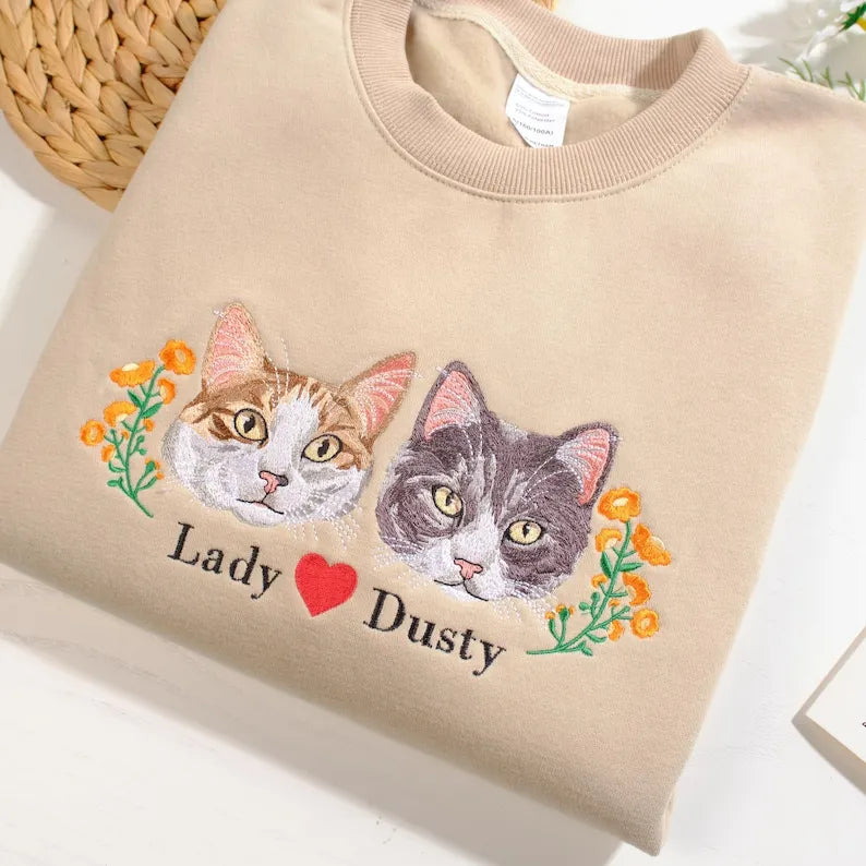 Custom Premium Handcrafted Pet Portrait Embroidered Sweatshirt Hoodie T-shirt- Colorful Design