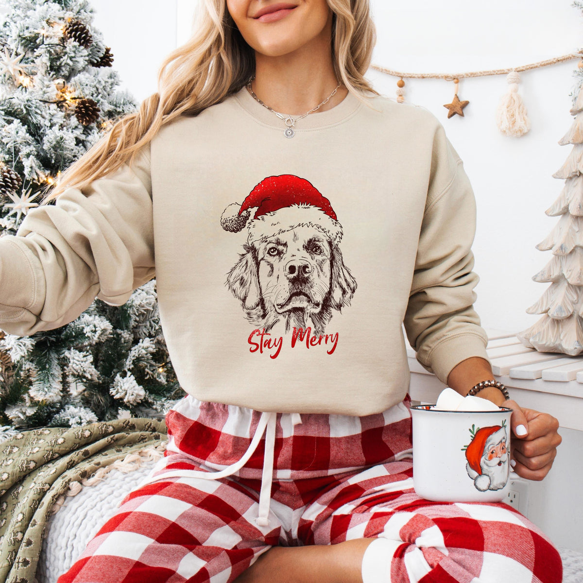 Stay Merry Custom Christmas Santa Hat Dog Sketch Sweatshirt Crewneck Hoodie