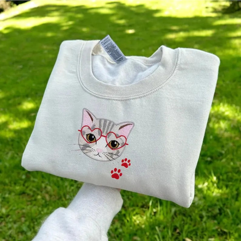 Custom Pet Portrait & Heart Shape Glasses Embroidered Sweatshirt, Hoodie, T-shirt, Valentine's Day Gift- Colorful Design