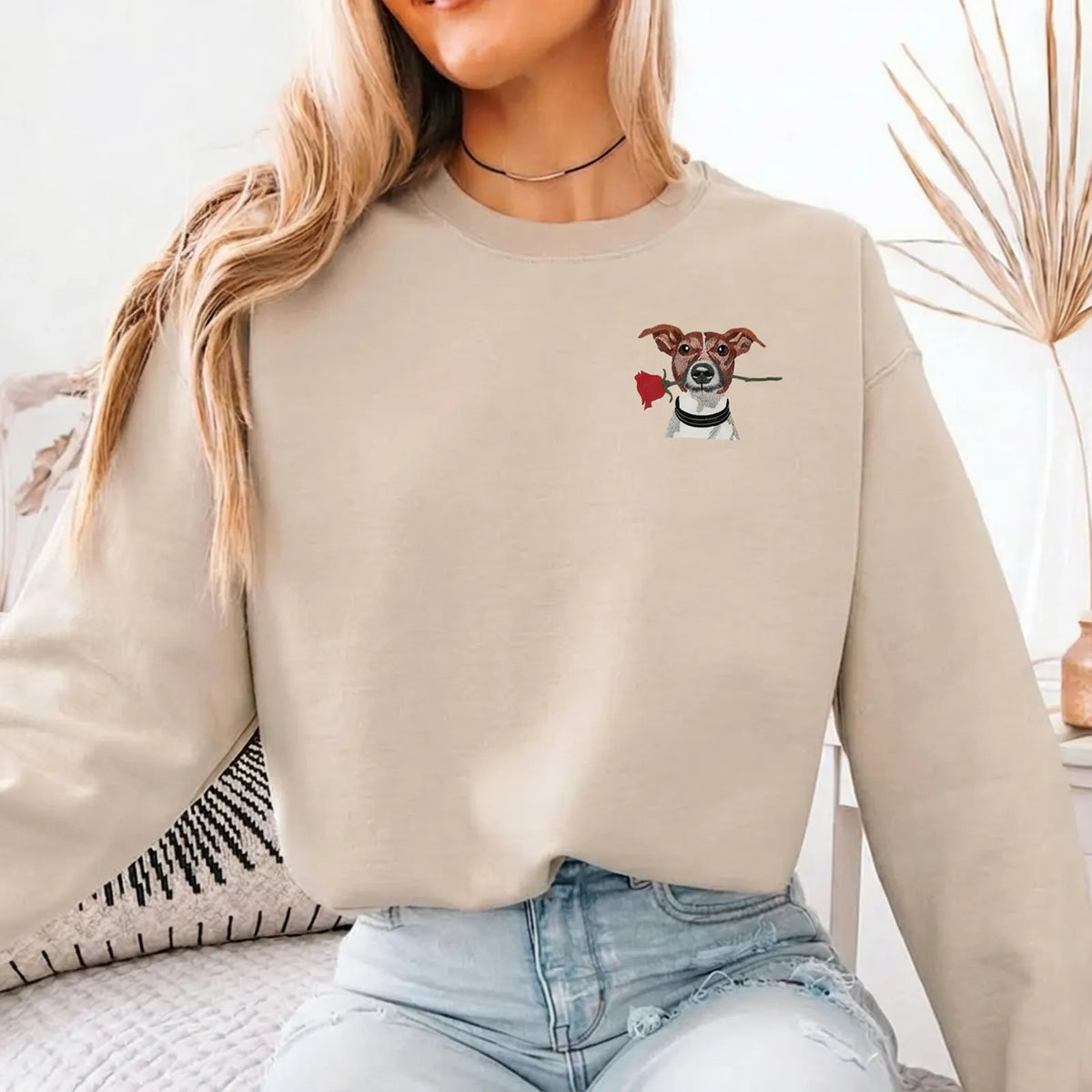 PetFiestas® Custom Pet Portrait & Rose Embroidered Sweatshirt, Hoodie, T-shirt, Valentine's Day Gift- Colorful Design