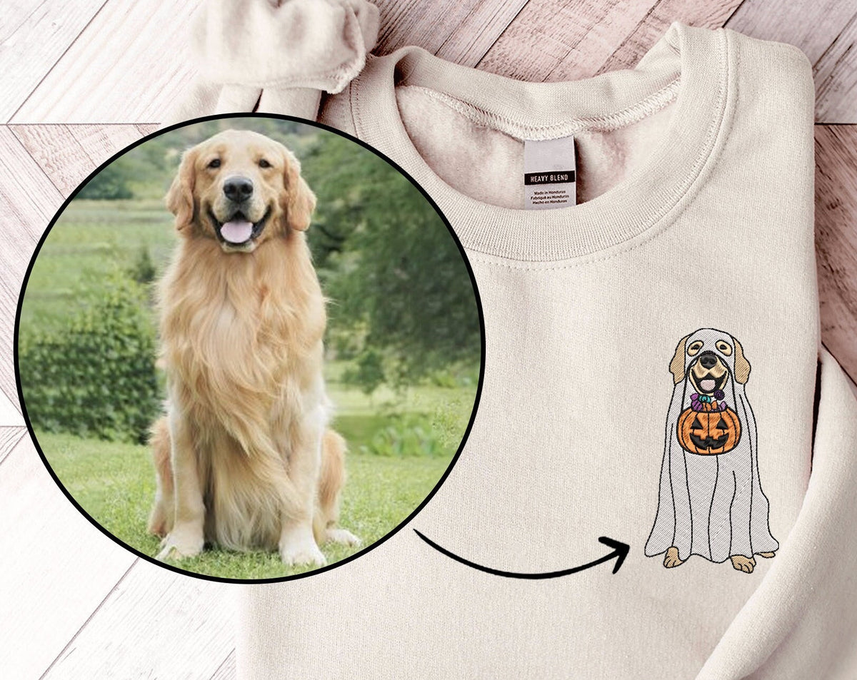 Embroidered Custom Ghost Dog From Your Photo Sweatshirt Halloween Dog Sweatshirt and Hoodie