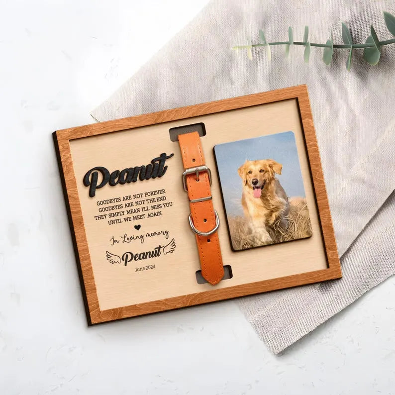 Personalized Dog Memorial Wood Frame With Collar Holder, Memorial Pet Collar Sign with Photo