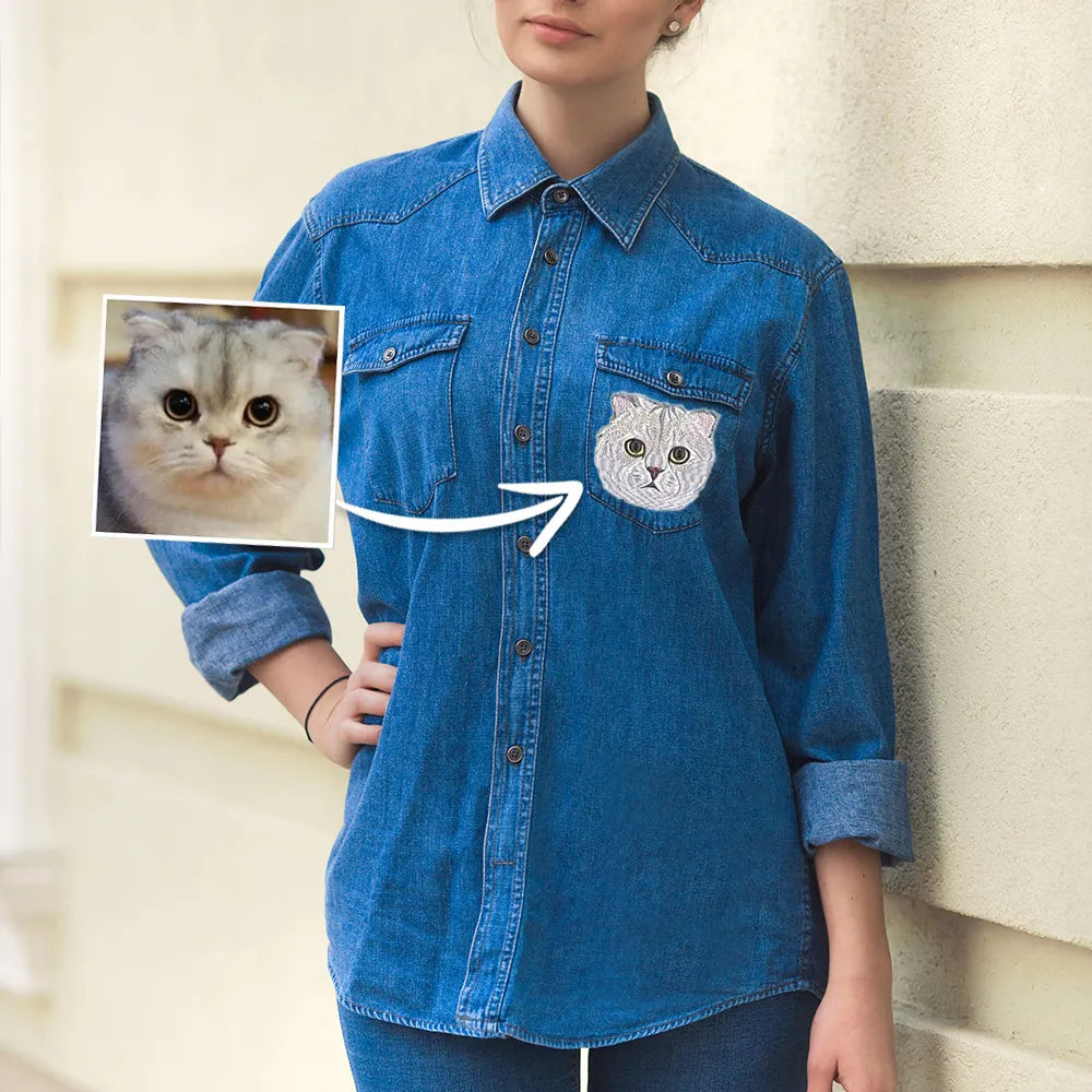 Embroidered Pet Portrait Denim Shirt For Woman, Custom Pet Photo Denim Shirt 