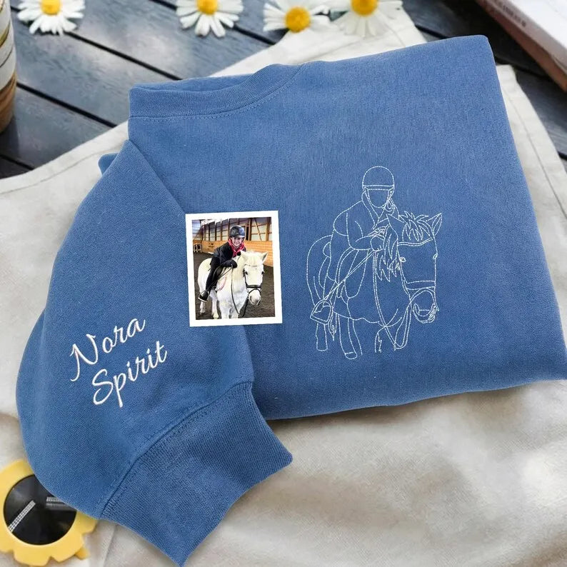 Custom Pet Owner and Pet Portrait Embroidered Sweatshirt -Stylish Outline Style