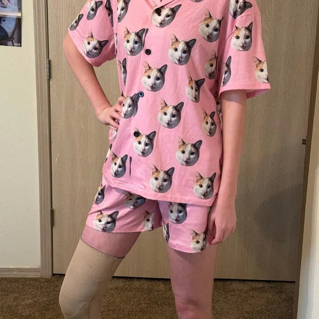 Custom Cat Dog Faces Women Men Short Sleeve Pajama Set