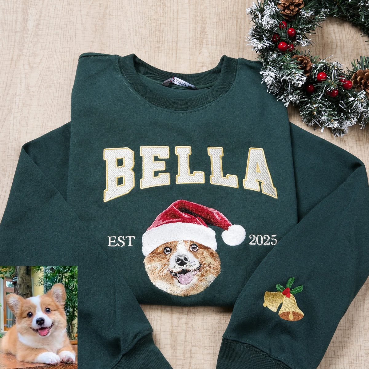 Custom Christmas Preppy Embroidered Pet Portrait T-shirt Sweatshirt Hoodie- Varsity Colorful Design