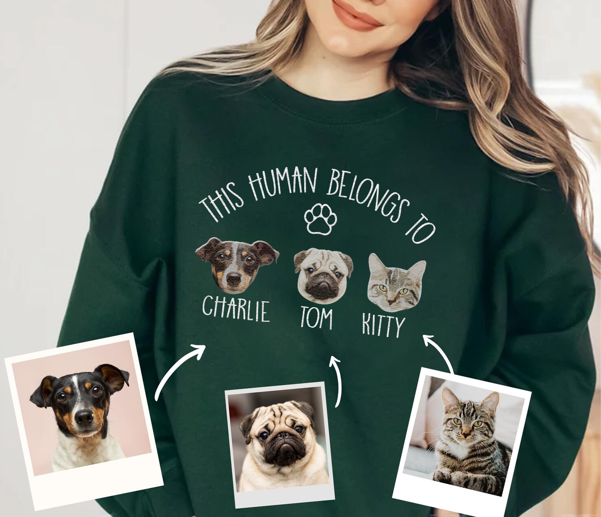 This Human Belongs to Dog Portrait Embroidered Hoodie Sweatshirt T-shirt- Varsity Colorful Design