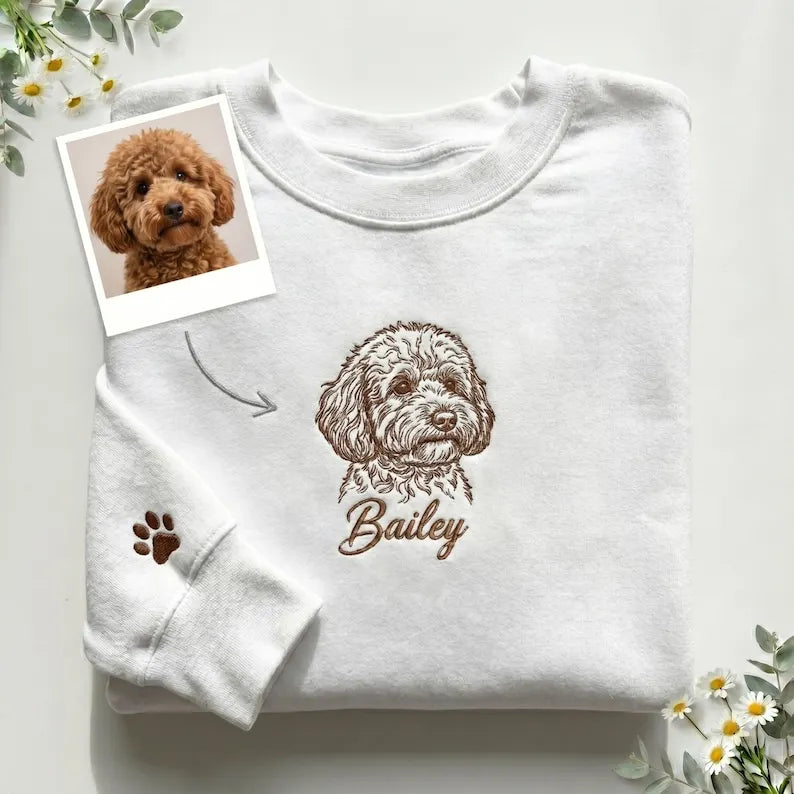 Custom Pet Portrait Line Art Embroidery Sweatshirt, Minimal Embroidered Dog Cat Hoodie- Stylish Outline Style