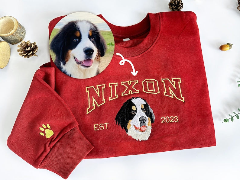 Custom Dog Hoodie Embroidered Dog Name, Personalized Pet Face Sweatshirt- Varsity Colorful Design