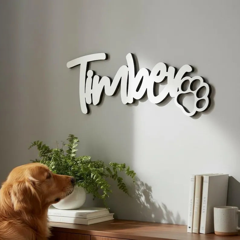 Personalized Dog Name Sign with Paw / Bone, Custom Wooden Pet Name Sign