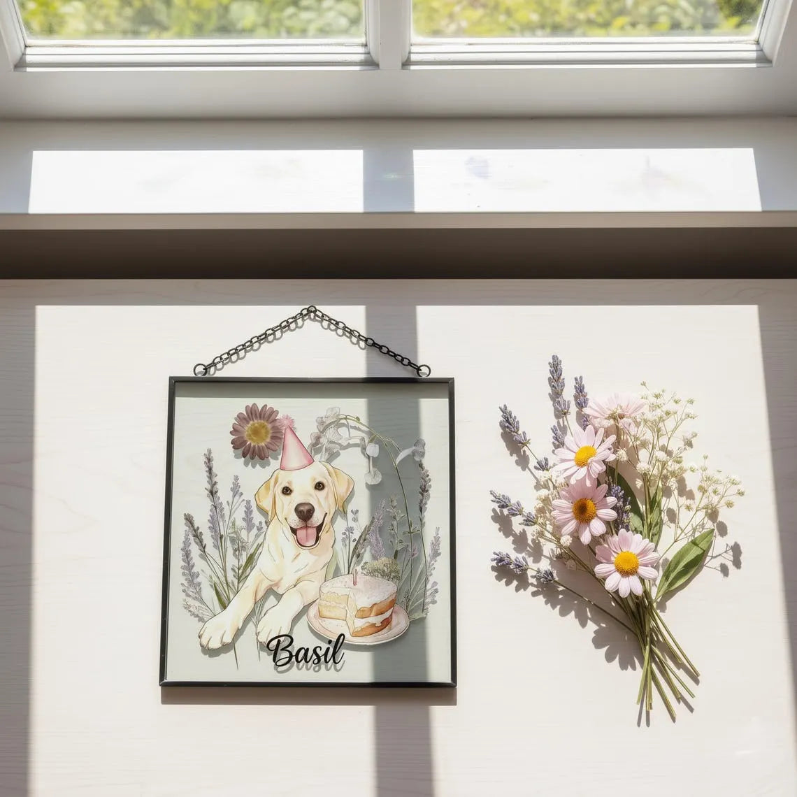 Custom Pet Portrait Suncatcher with Real Glass & Dried Flowers, Personalized Pet Memorial Gift