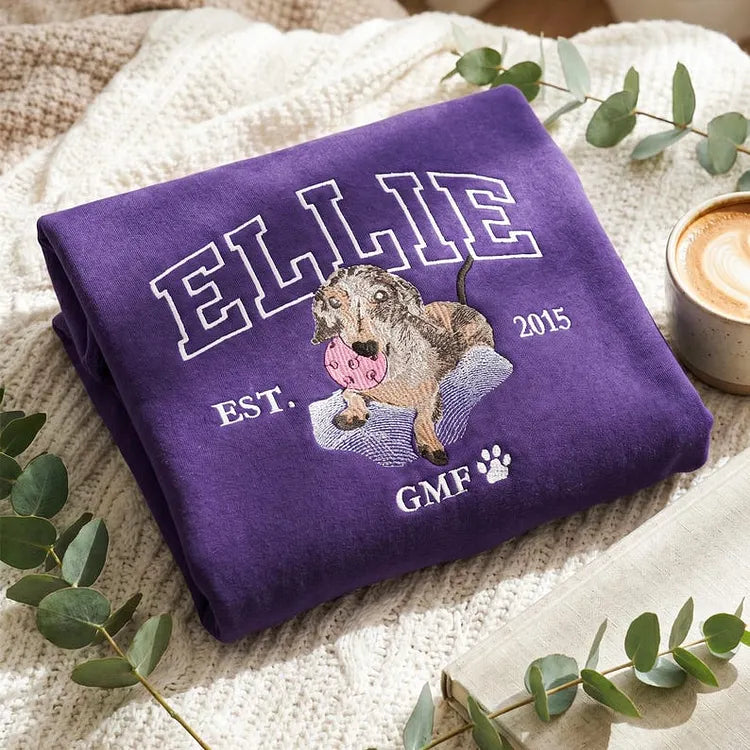 Custom Dog Portrait Embroidered Sweatshirt with Pet Name, Gift for Wiener Dog Lovers