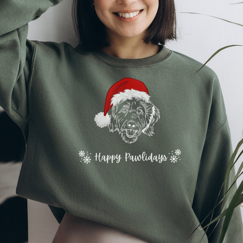 Custom Pet Face Hand-Drawn Sweatshirt with Santa Hat Design, Personalized Pet Christmas Sweatshirt