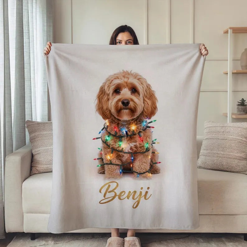 Custom Dog Blanket, Dog Wrapped in Christmas Lights Blanket