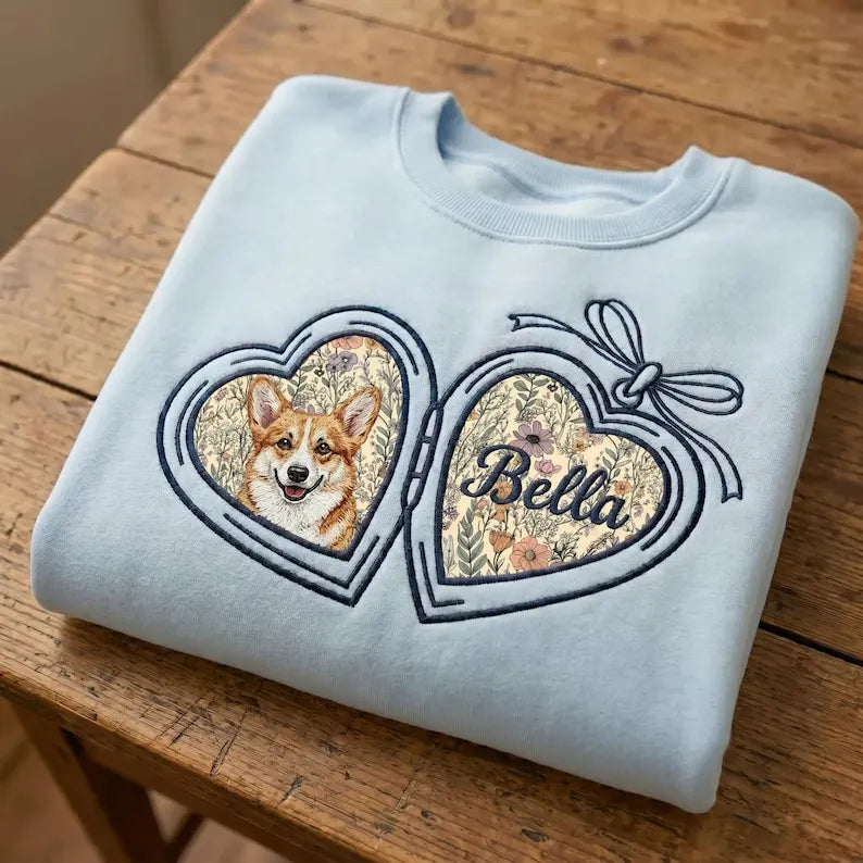 Custom Pet Portrait Embroidered Sweatshirt with Floral Applique Locket Heart with Bow
