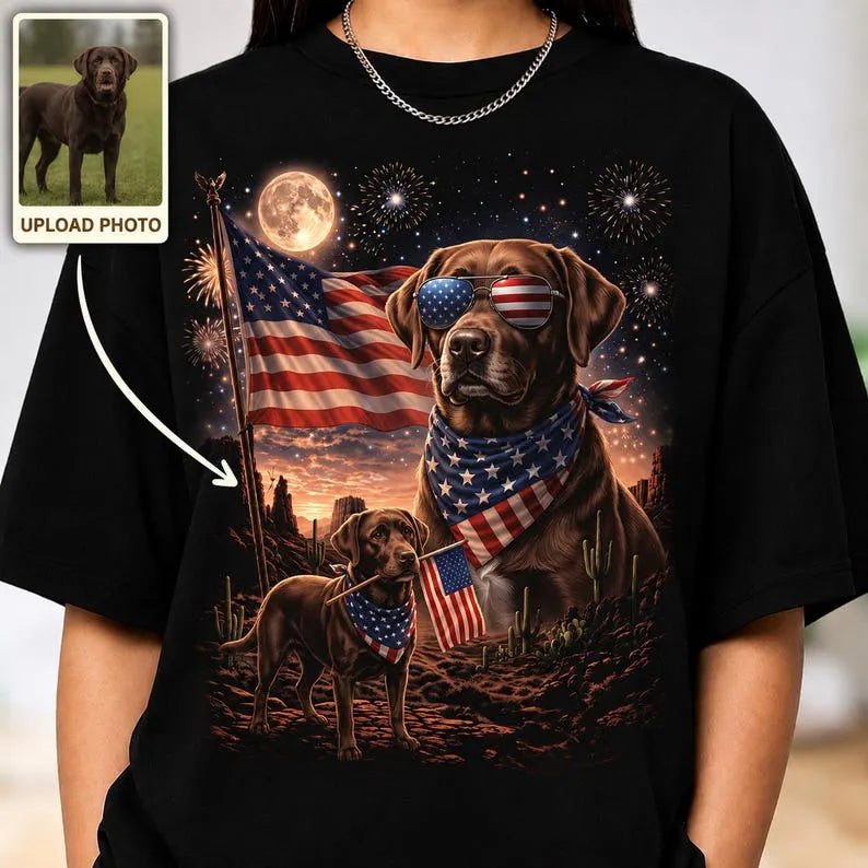 Custom Pet 4th of July Shirt, Personalized Dog Fireworks & American Flag Tee