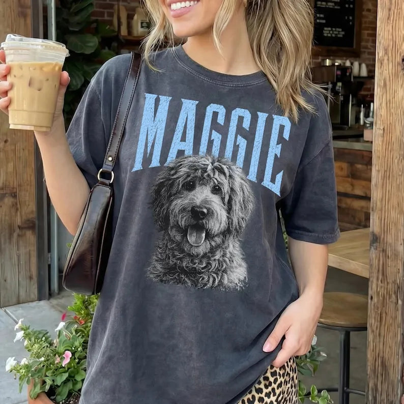 Personalized Pet Face Shirt Vintage Style, Dog Photo Shirt Custom Name Retro Tee