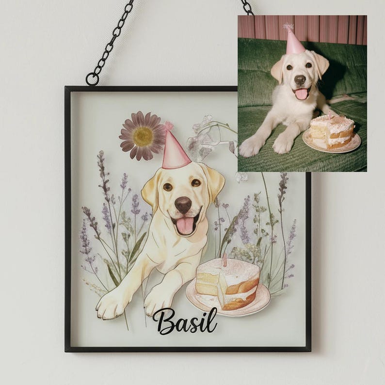 Custom Pet Portrait Suncatcher with Real Glass & Dried Flowers, Personalized Pet Memorial Gift