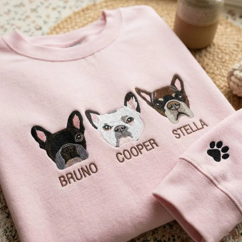 Personalized Pet Face Embroidered Crewneck Sweatshirt T-shirt, Gifts for Dog Lover - Colorful Design