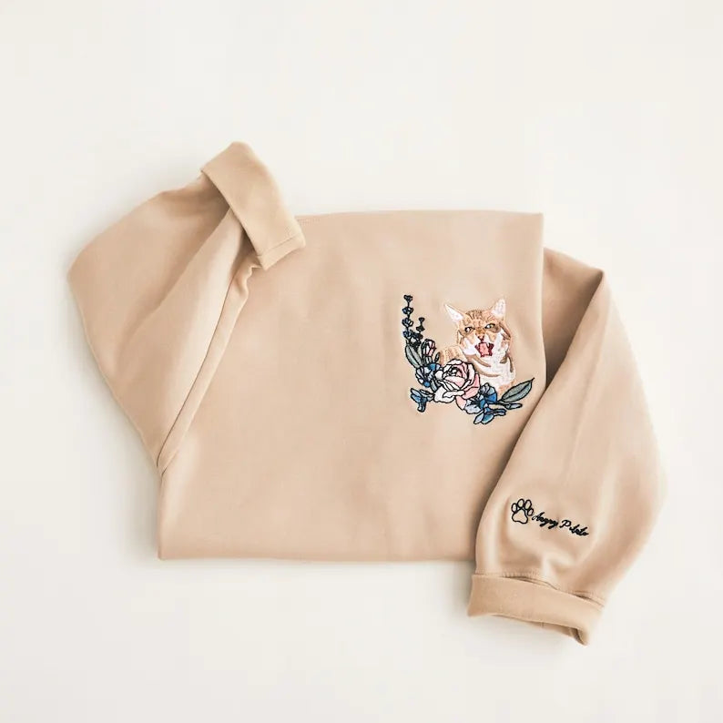 Custom Embroidered Pet Sweatshirt with Flowers - Personalized Dog Cat Portrait Crewneck Hoodie- Colorful Design
